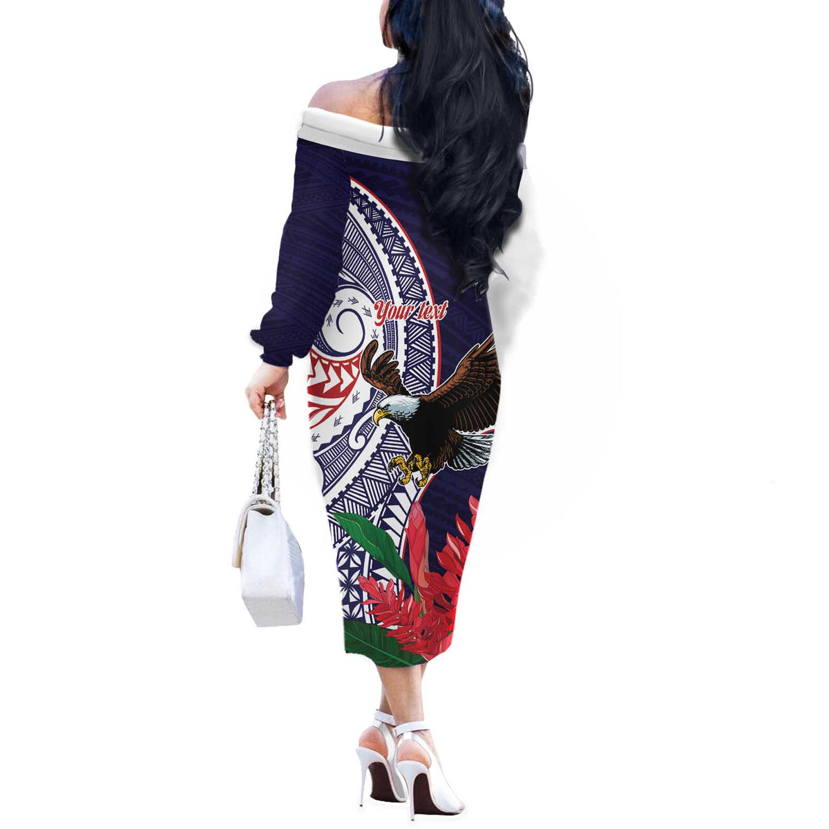 American Samoa Bald Eagle Personalized Off The Shoulder Long Sleeve Dress Polynesian Teuila Flowers LT9 - Polynesian Pride