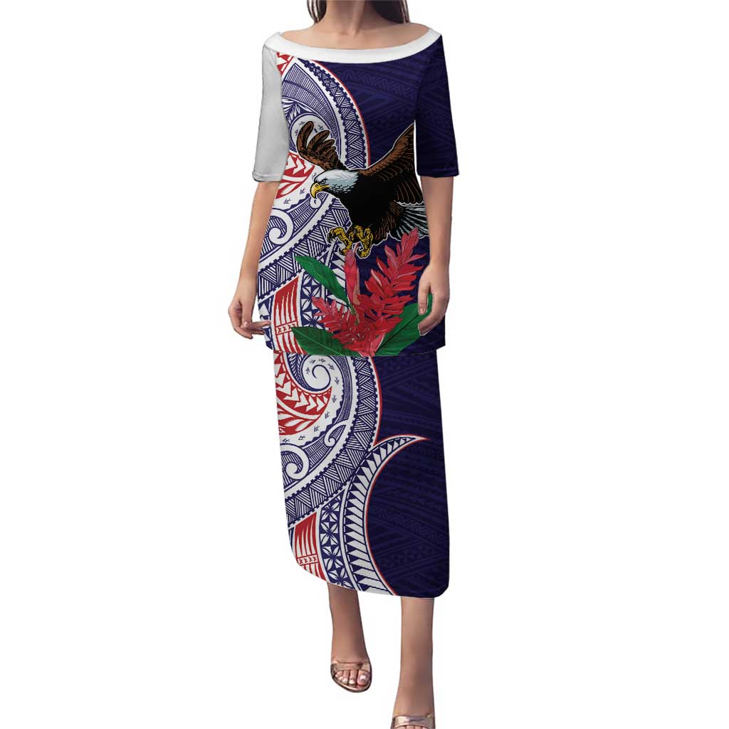 American Samoa Bald Eagle Personalized Puletasi Polynesian Teuila Flowers LT9 Long Dress Blue - Polynesian Pride