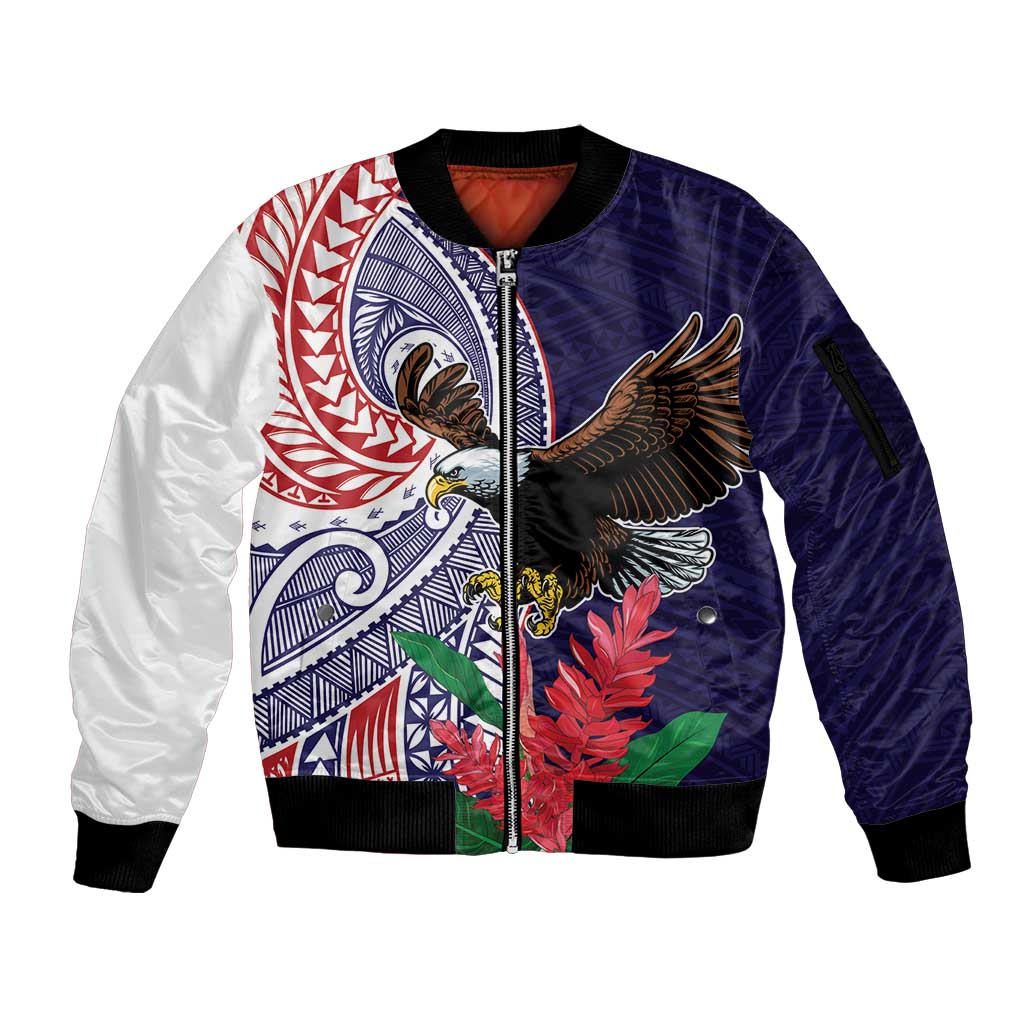 American Samoa Bald Eagle Personalized Sleeve Zip Bomber Jacket Polynesian Teuila Flowers LT9 Unisex Blue - Polynesian Pride