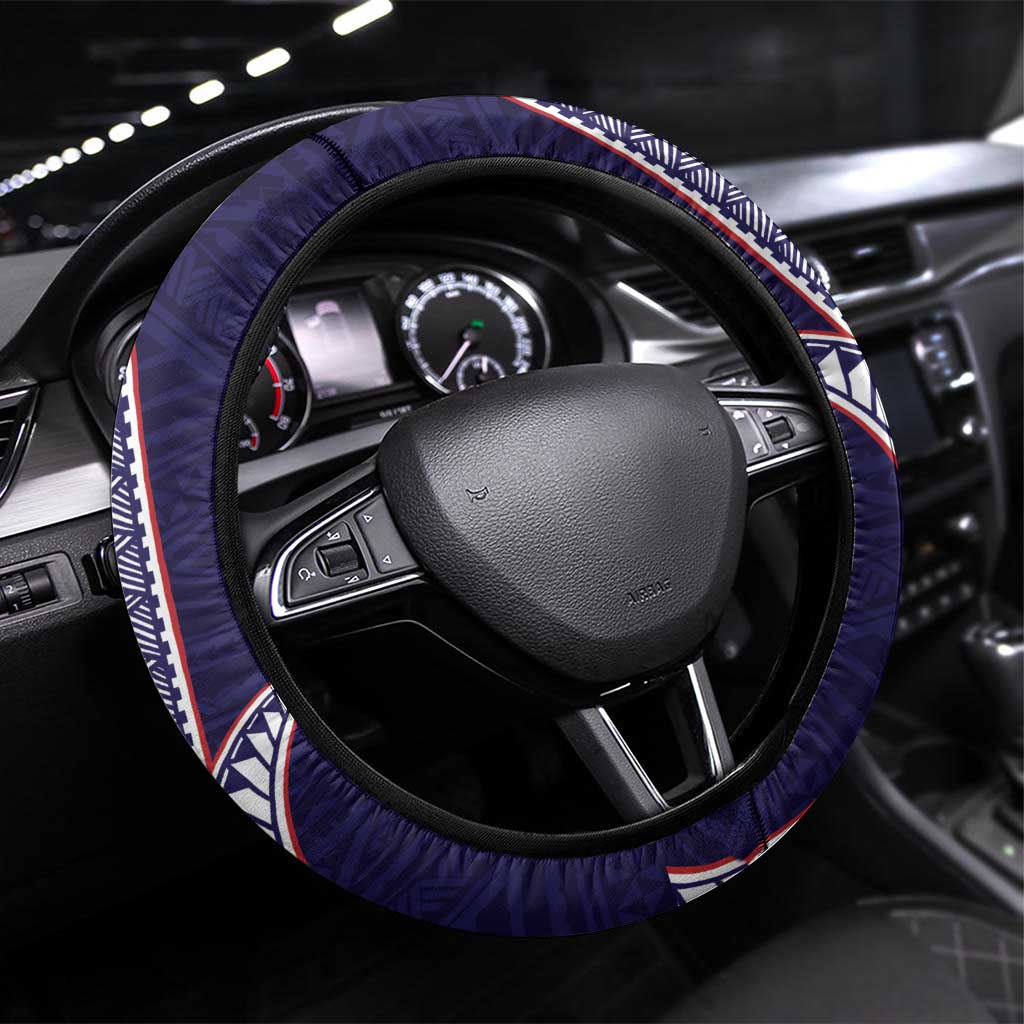 American Samoa Bald Eagle Steering Wheel Cover Polynesian Teuila Flowers LT9 Universal Fit Blue - Polynesian Pride