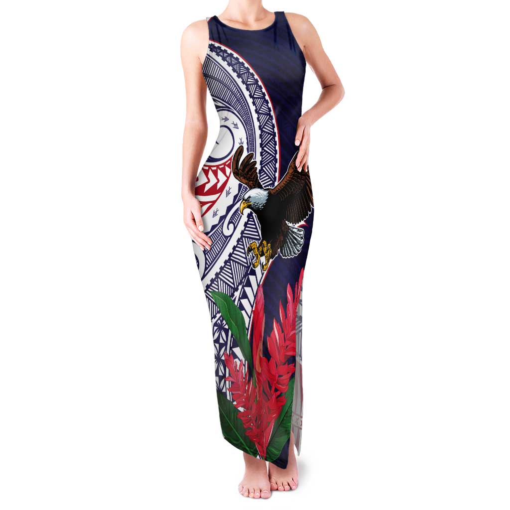 American Samoa Bald Eagle Personalized Tank Maxi Dress Polynesian Teuila Flowers LT9 Women Blue - Polynesian Pride