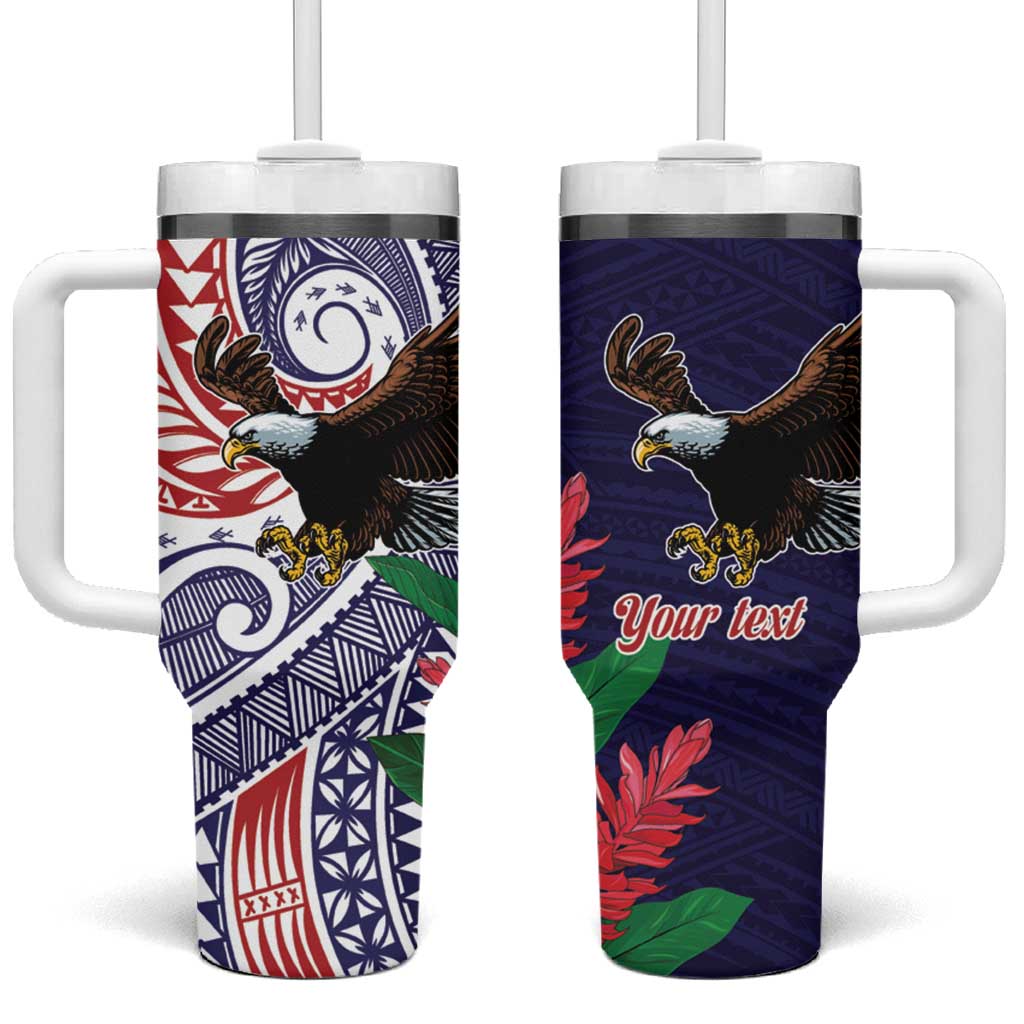 American Samoa Bald Eagle Personalized Tumbler With Handle Polynesian Teuila Flowers LT9 One Size: 40 oz Blue - Polynesian Pride