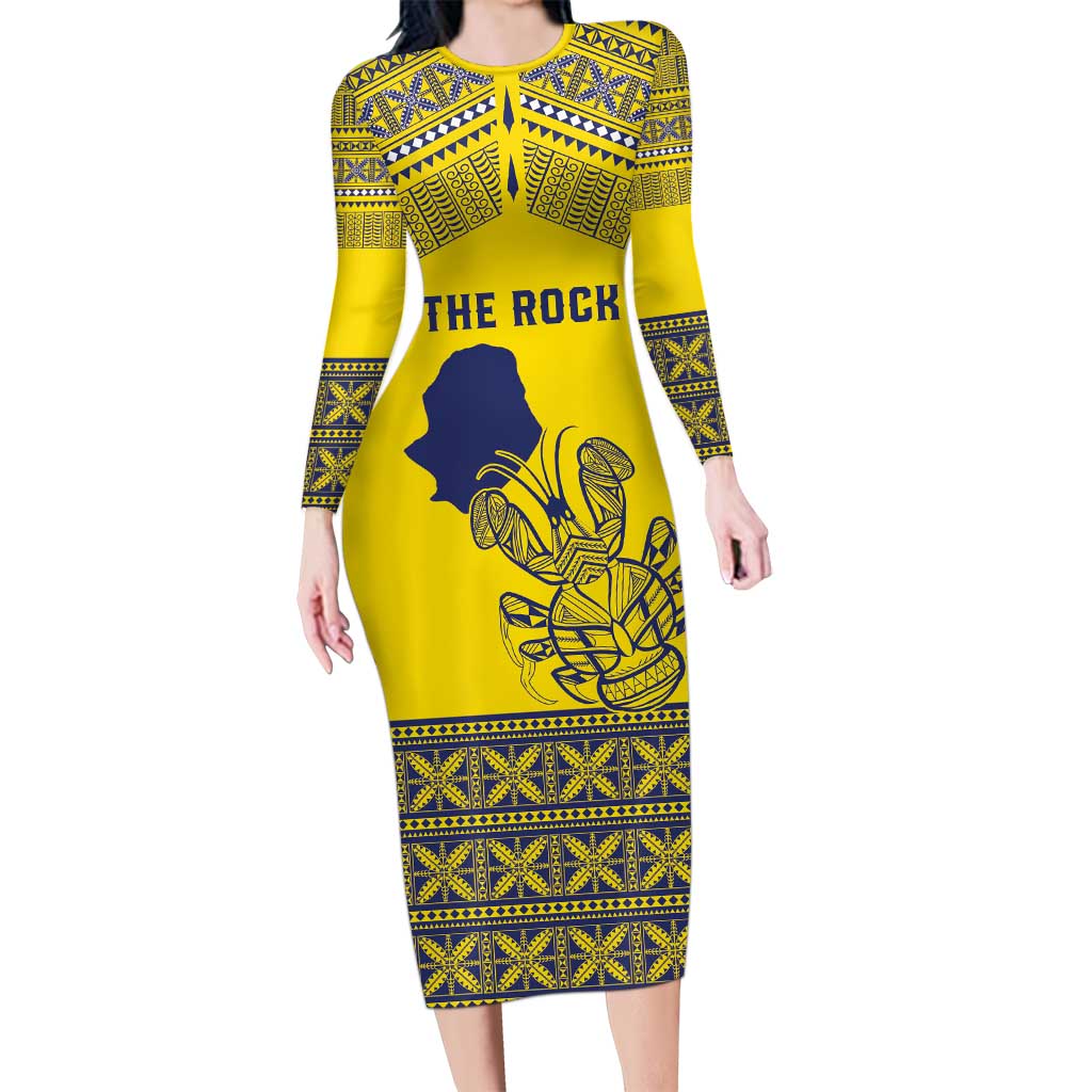 Niue Crab Personalised Long Sleeve Bodycon Dress Niuean Hiapo Pattern LT9 Long Dress Gold - Polynesian Pride