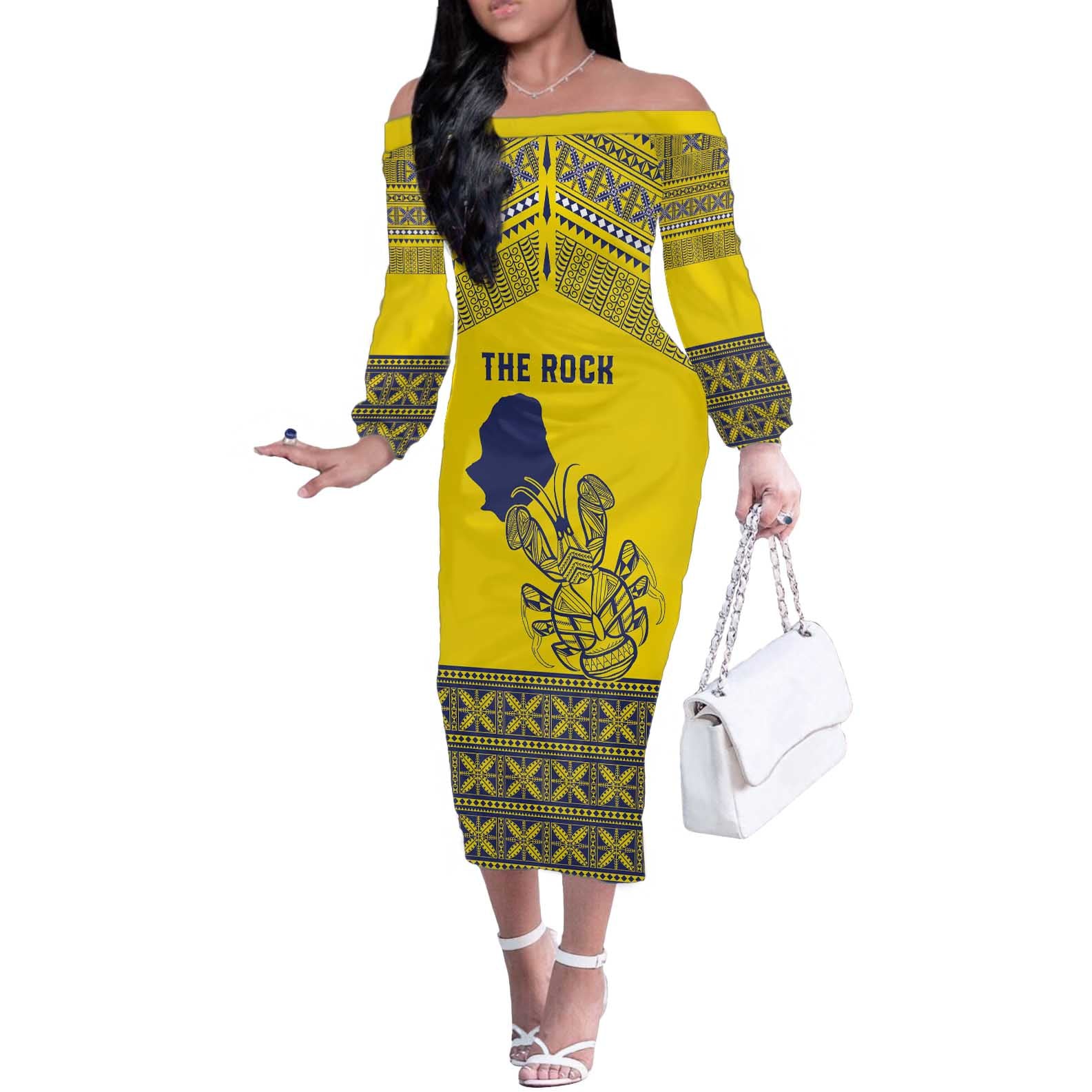 Niue Crab Personalised Off The Shoulder Long Sleeve Dress Niuean Hiapo Pattern LT9 Women Gold - Polynesian Pride