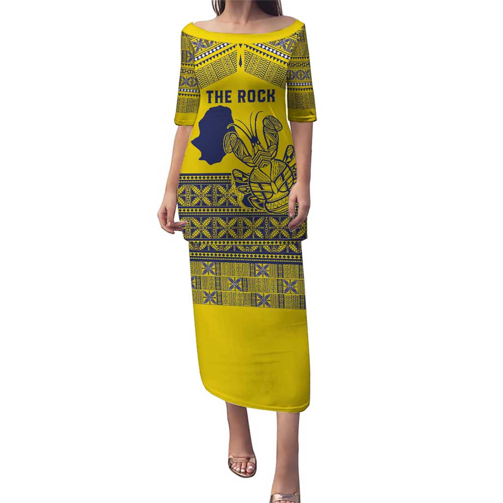 Niue Crab Personalised Puletasi Niuean Hiapo Pattern LT9 Long Dress Gold - Polynesian Pride