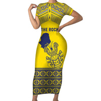 Niue Crab Personalised Short Sleeve Bodycon Dress Niuean Hiapo Pattern LT9 Long Dress Gold - Polynesian Pride