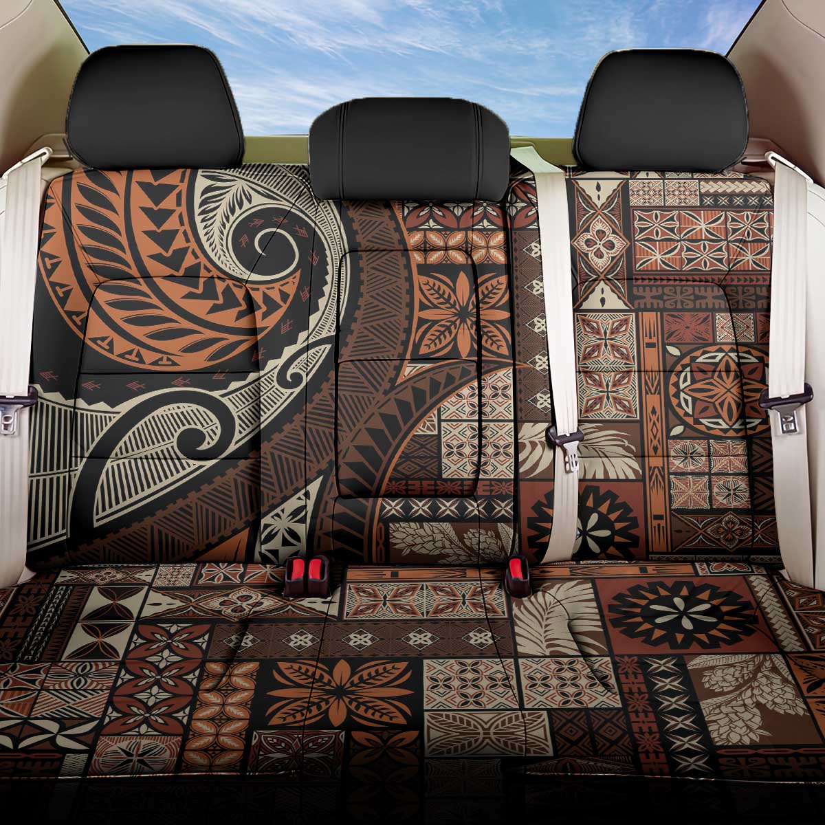 Vintage Samoa Siapo Mamanu Back Car Seat Cover Brown Samoan Tapa Motif LT9 One Size Brown - Polynesian Pride