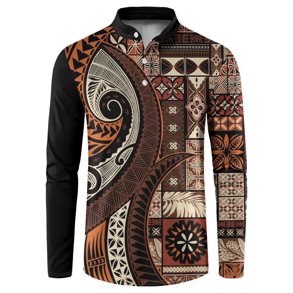 Vintage Samoa Siapo Mamanu Button Sweatshirt Brown Samoan Tapa Motif LT9 Brown - Polynesian Pride