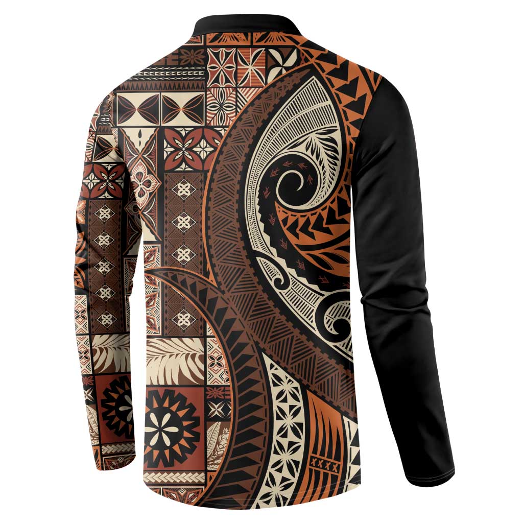 Vintage Samoa Siapo Mamanu Button Sweatshirt Brown Samoan Tapa Motif LT9 - Polynesian Pride