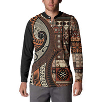 Vintage Samoa Siapo Mamanu Button Sweatshirt Brown Samoan Tapa Motif LT9 - Polynesian Pride