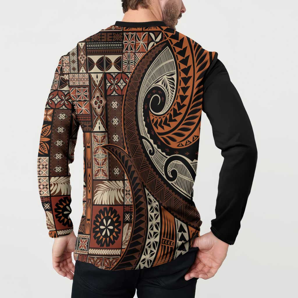 Vintage Samoa Siapo Mamanu Button Sweatshirt Brown Samoan Tapa Motif LT9 - Polynesian Pride