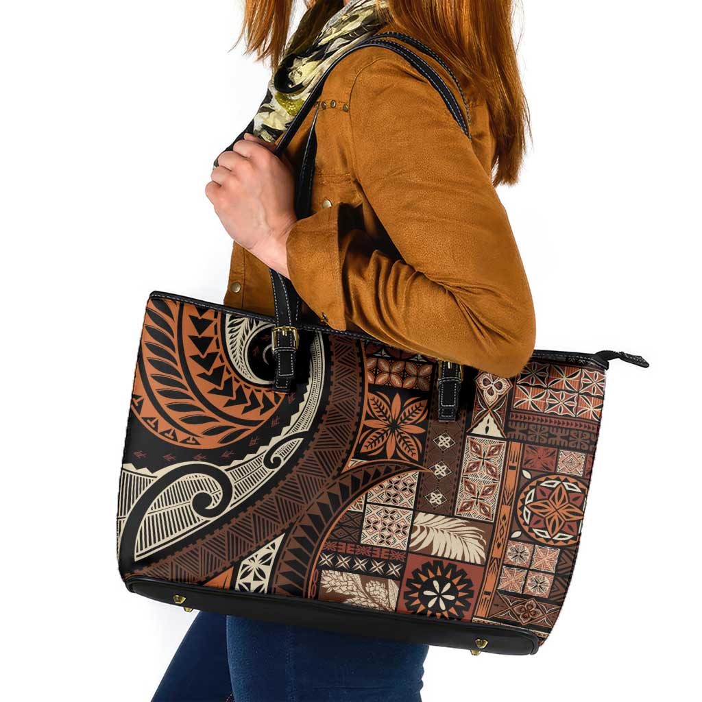Vintage Samoa Siapo Mamanu Leather Tote Bag Brown Samoan Tapa Motif LT9 Brown - Polynesian Pride