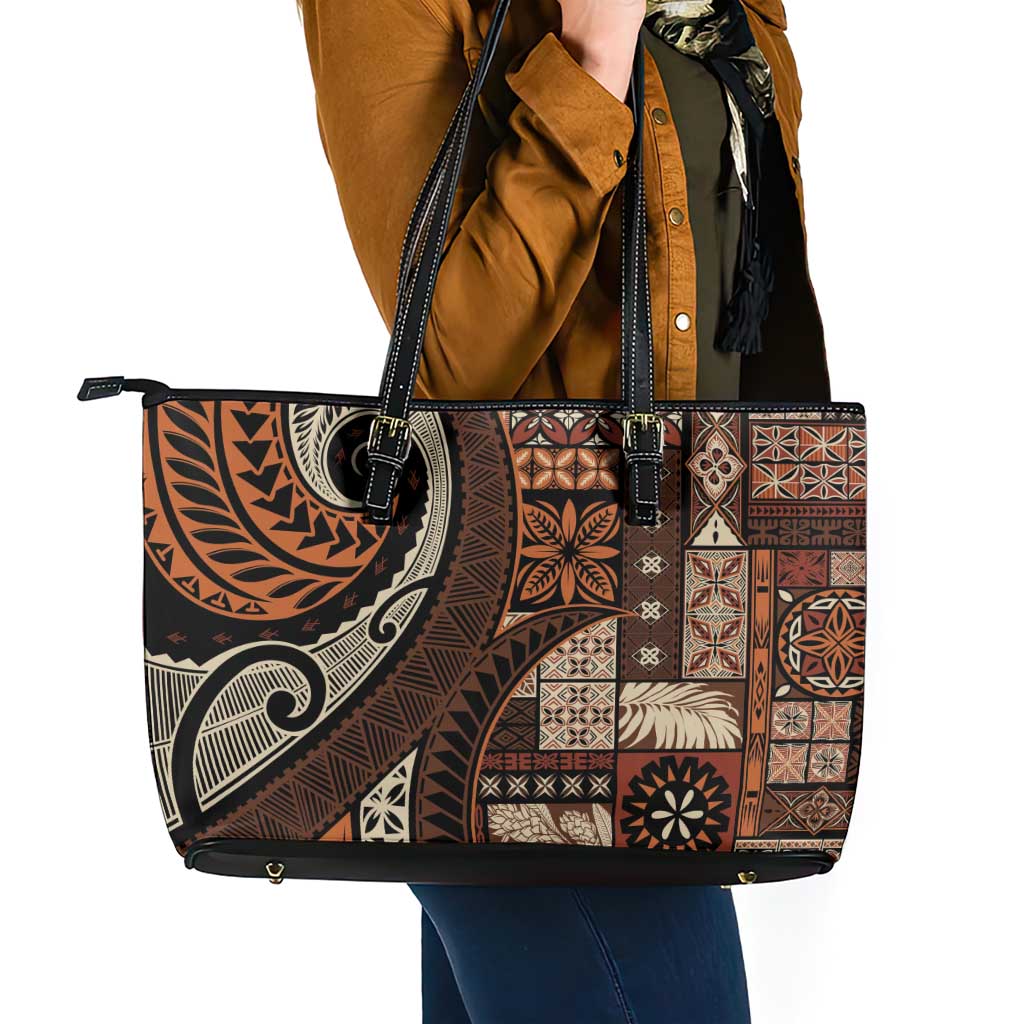Vintage Samoa Siapo Mamanu Leather Tote Bag Brown Samoan Tapa Motif LT9 - Polynesian Pride