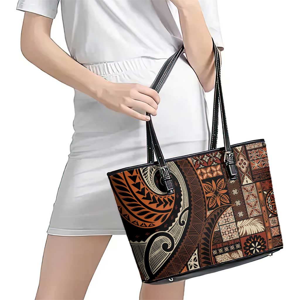 Vintage Samoa Siapo Mamanu Leather Tote Bag Brown Samoan Tapa Motif LT9 - Polynesian Pride
