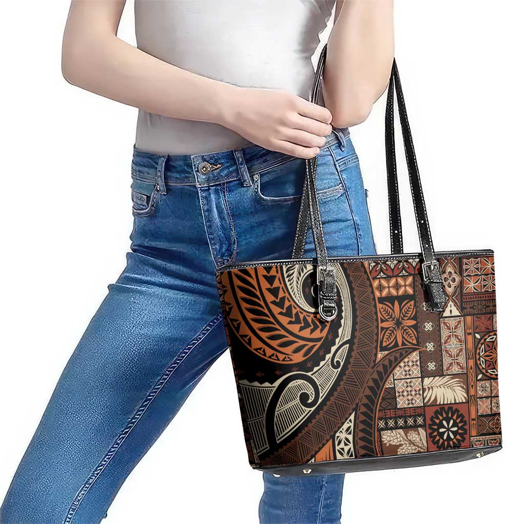 Vintage Samoa Siapo Mamanu Leather Tote Bag Brown Samoan Tapa Motif LT9 - Polynesian Pride