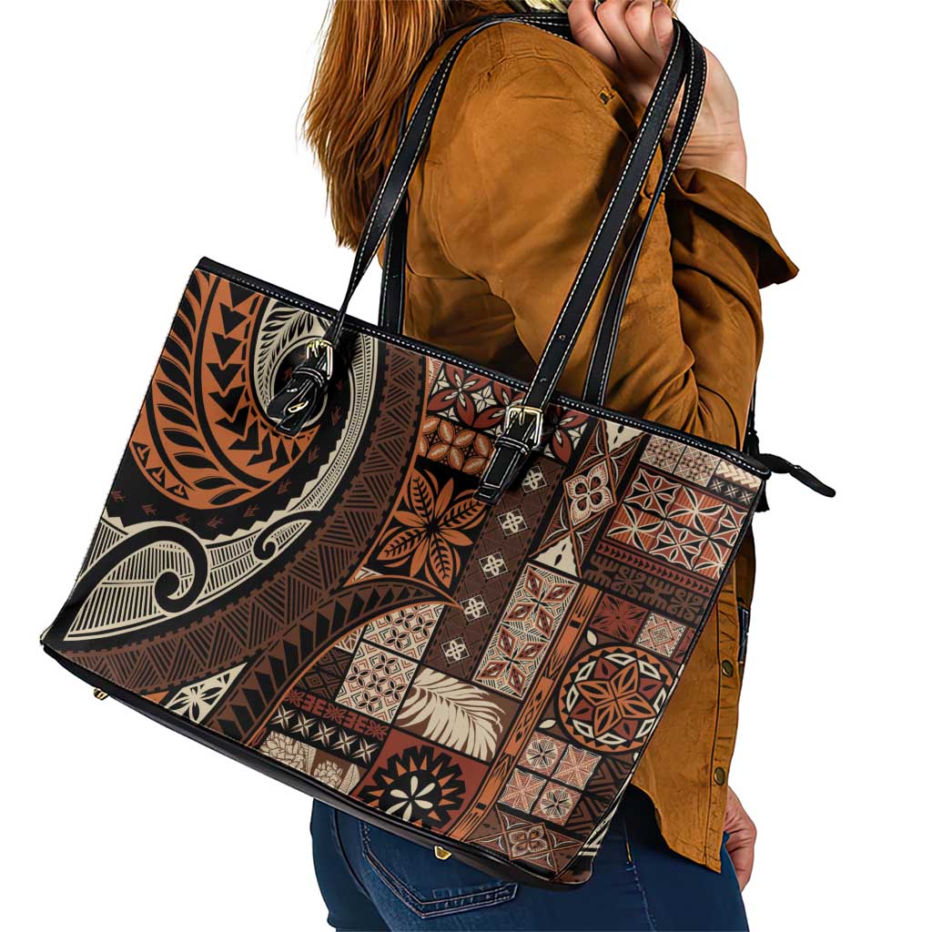 Vintage Samoa Siapo Mamanu Leather Tote Bag Brown Samoan Tapa Motif LT9 - Polynesian Pride