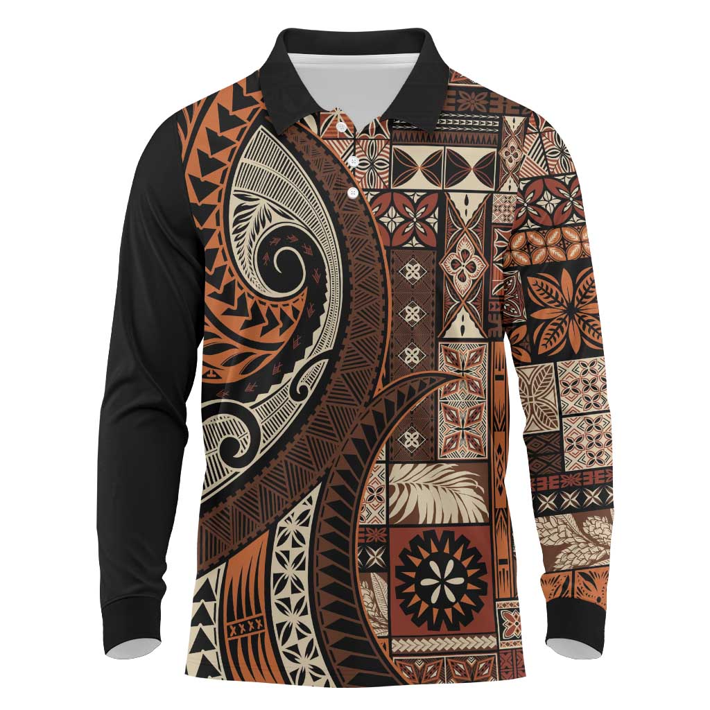 Vintage Samoa Siapo Mamanu Long Sleeve Polo Shirt Brown Samoan Tapa Motif LT9 Brown - Polynesian Pride