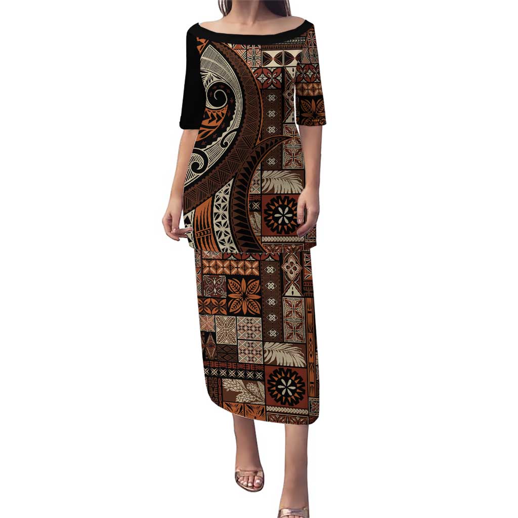 Vintage Samoa Siapo Mamanu Puletasi Brown Samoan Tapa Motif LT9 Long Dress Brown - Polynesian Pride