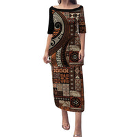 Vintage Samoa Siapo Mamanu Puletasi Brown Samoan Tapa Motif LT9 Long Dress Brown - Polynesian Pride