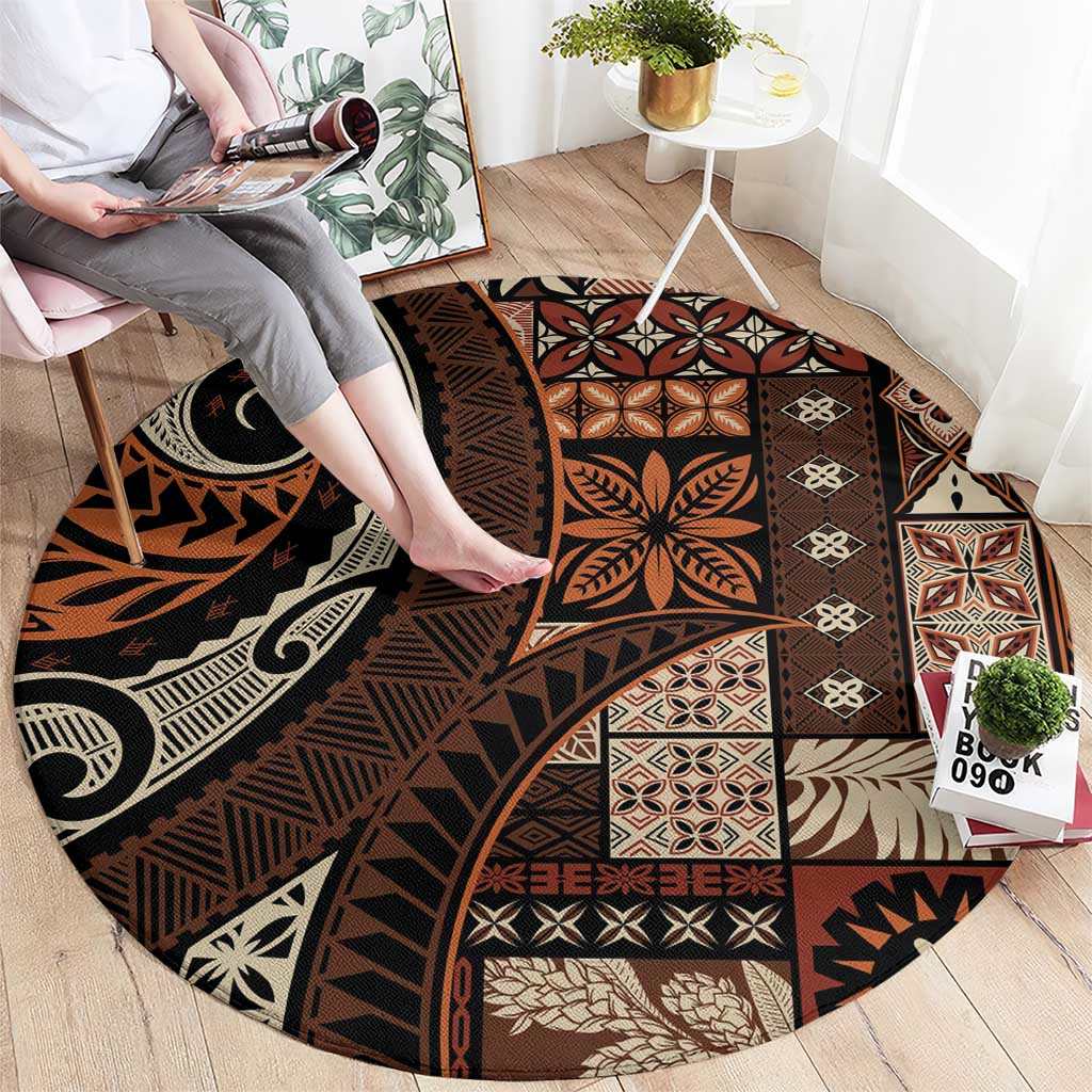 Vintage Samoa Siapo Mamanu Round Carpet Brown Samoan Tapa Motif LT9 - Polynesian Pride