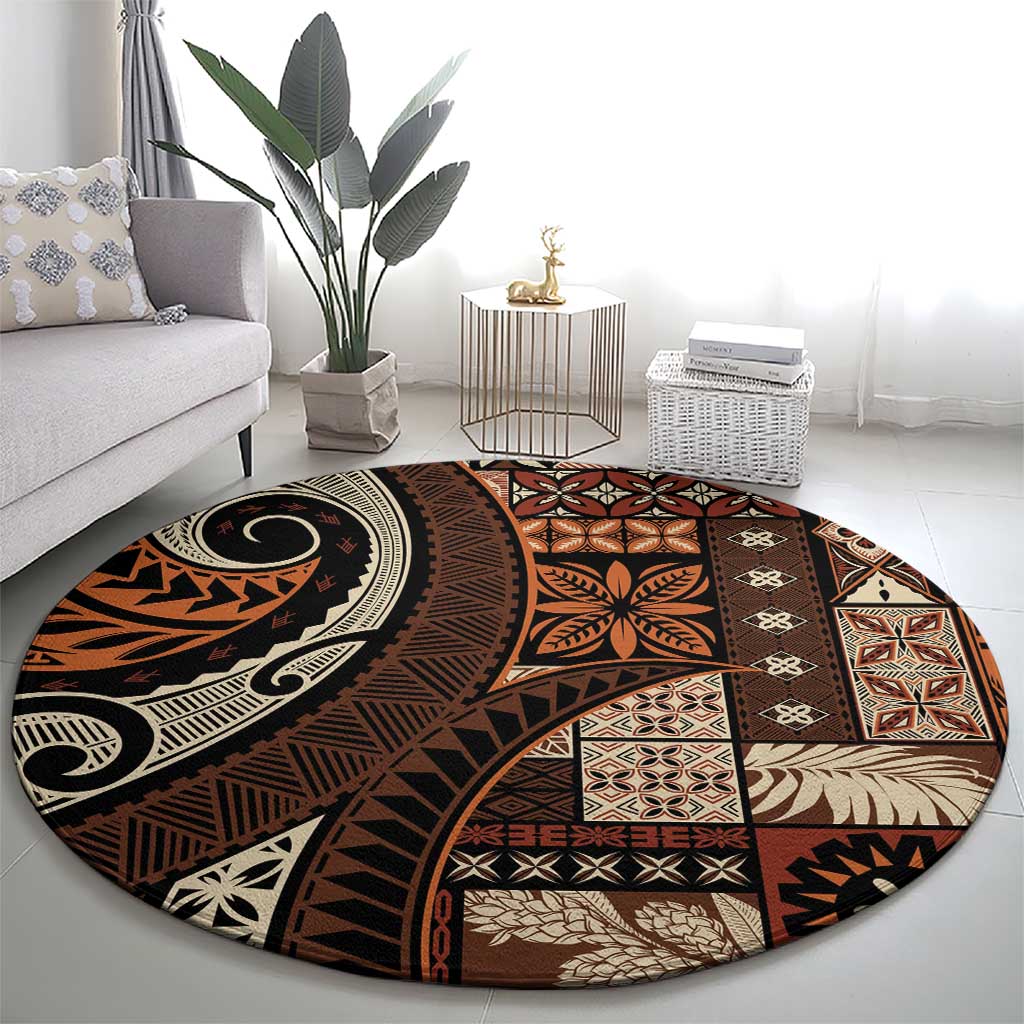 Vintage Samoa Siapo Mamanu Round Carpet Brown Samoan Tapa Motif LT9 - Polynesian Pride