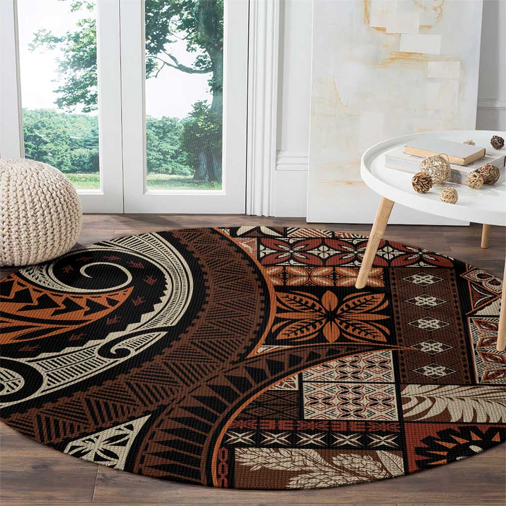 Vintage Samoa Siapo Mamanu Round Carpet Brown Samoan Tapa Motif LT9 - Polynesian Pride