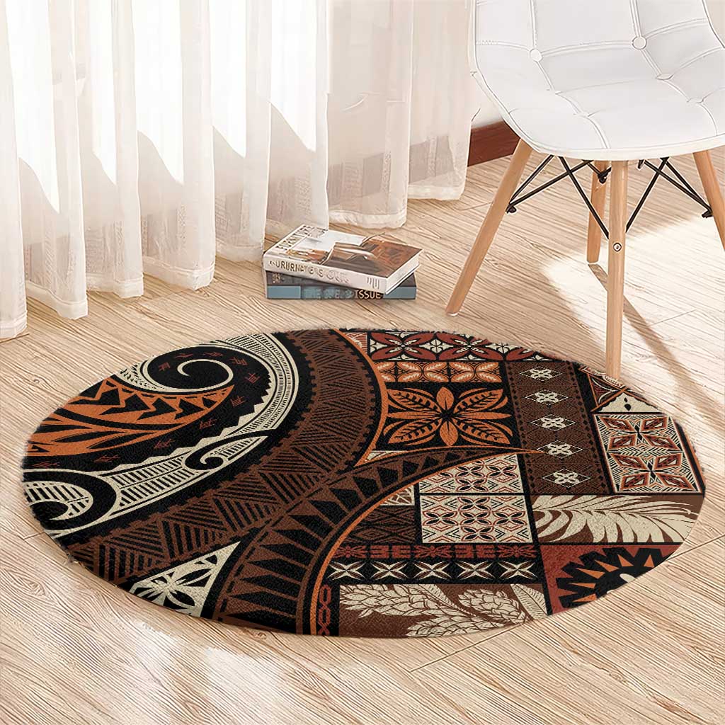 Vintage Samoa Siapo Mamanu Round Carpet Brown Samoan Tapa Motif LT9 - Polynesian Pride