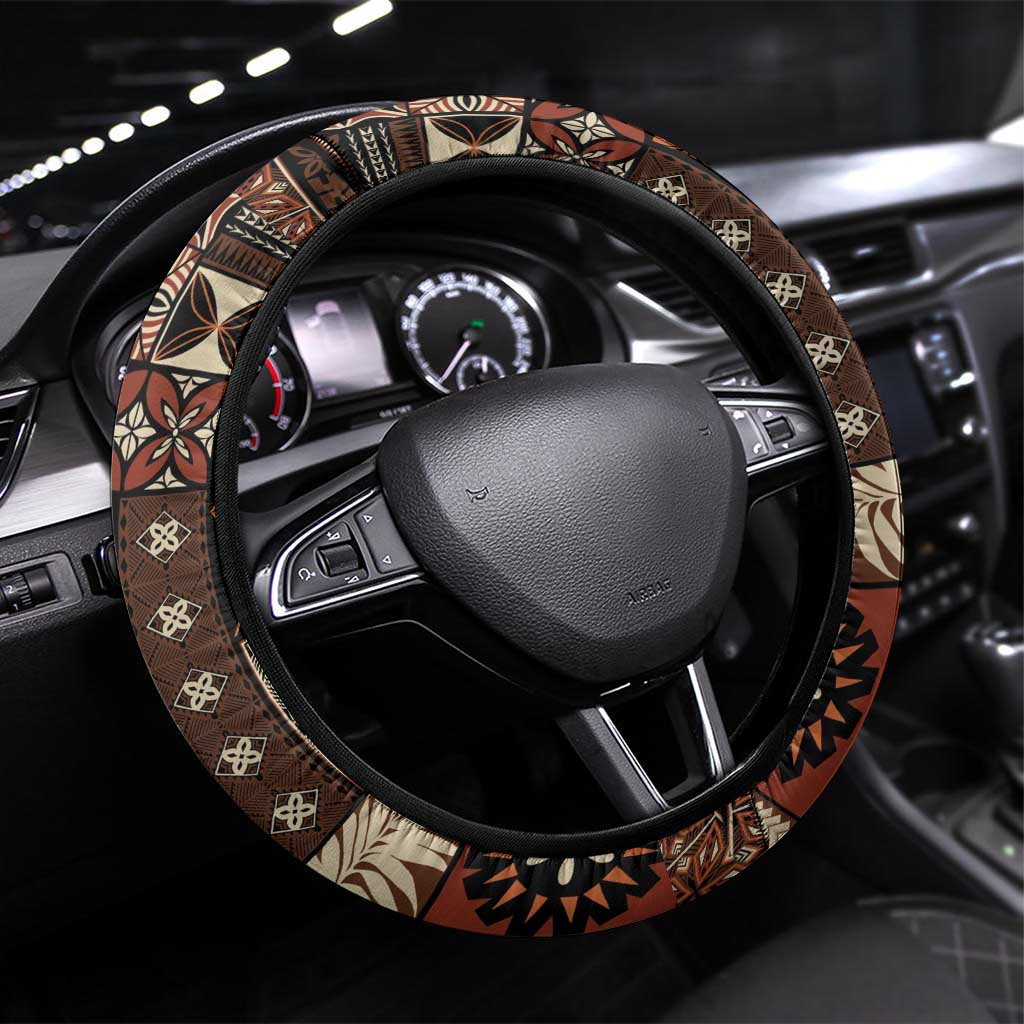 Vintage Samoa Siapo Mamanu Steering Wheel Cover Brown Samoan Tapa Motif LT9 Universal Fit Brown - Polynesian Pride