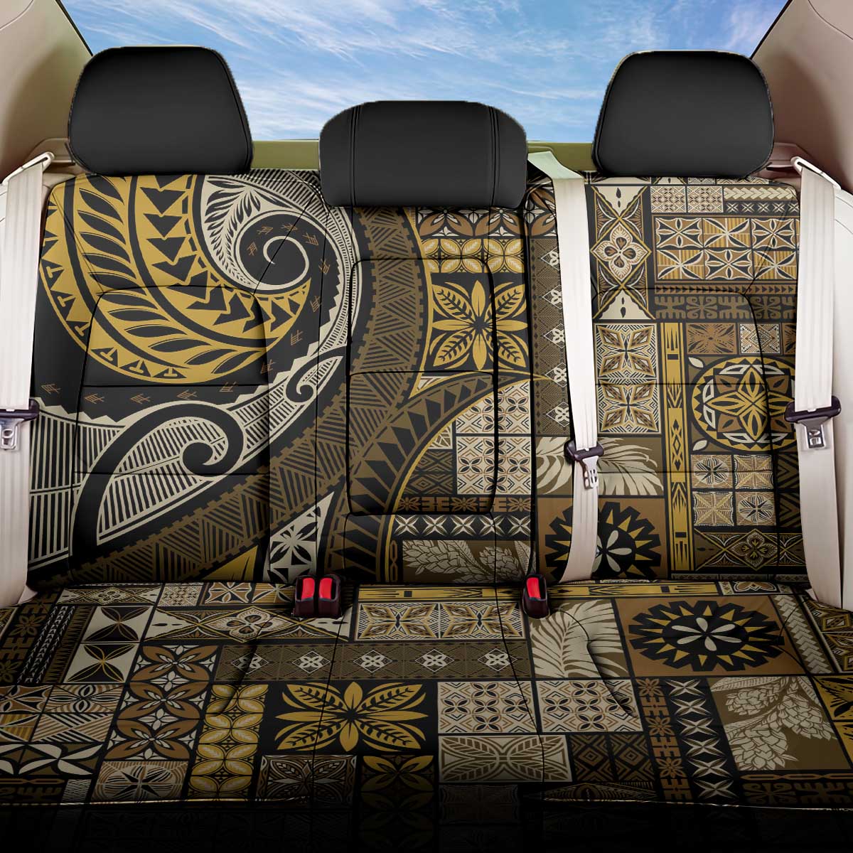 Vintage Samoa Siapo Mamanu Back Car Seat Cover Gold Samoan Tapa Motif LT9 One Size Gold - Polynesian Pride