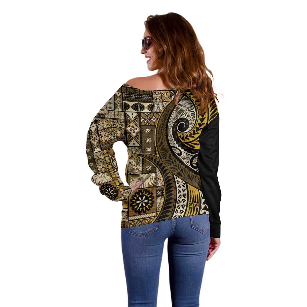 Vintage Samoa Siapo Mamanu Off Shoulder Sweater Gold Samoan Tapa Motif LT9 - Polynesian Pride