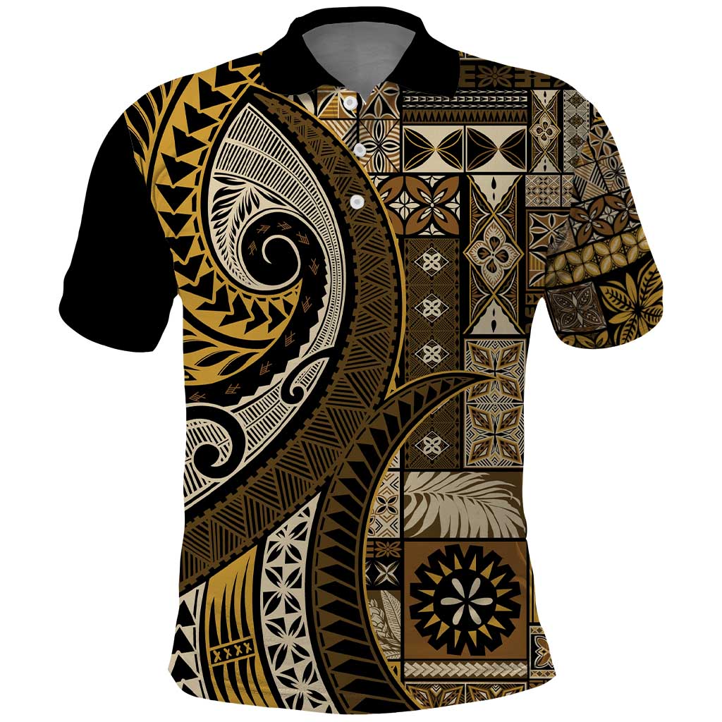 Vintage Samoa Siapo Mamanu Polo Shirt Gold Samoan Tapa Motif LT9 Gold - Polynesian Pride