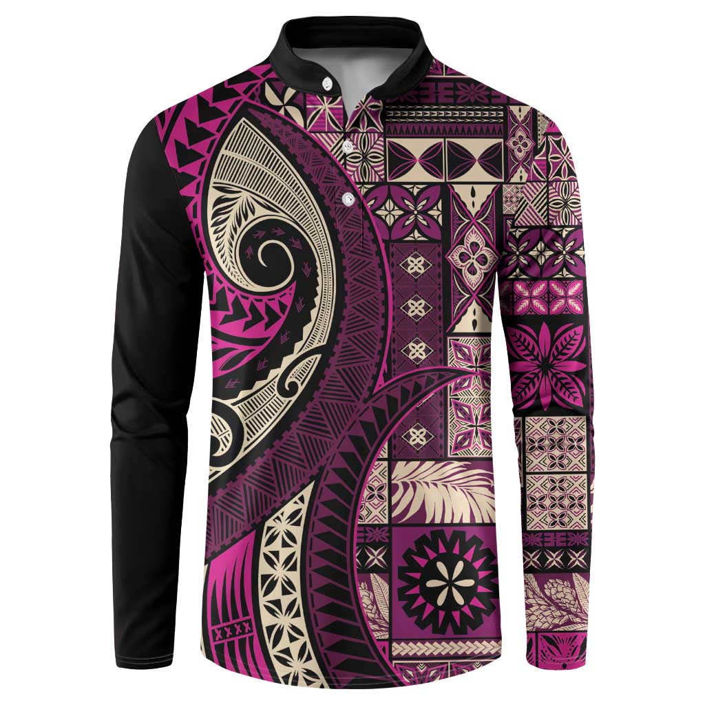 Vintage Samoa Siapo Mamanu Button Sweatshirt Pink Samoan Tapa Motif LT9 Pink - Polynesian Pride