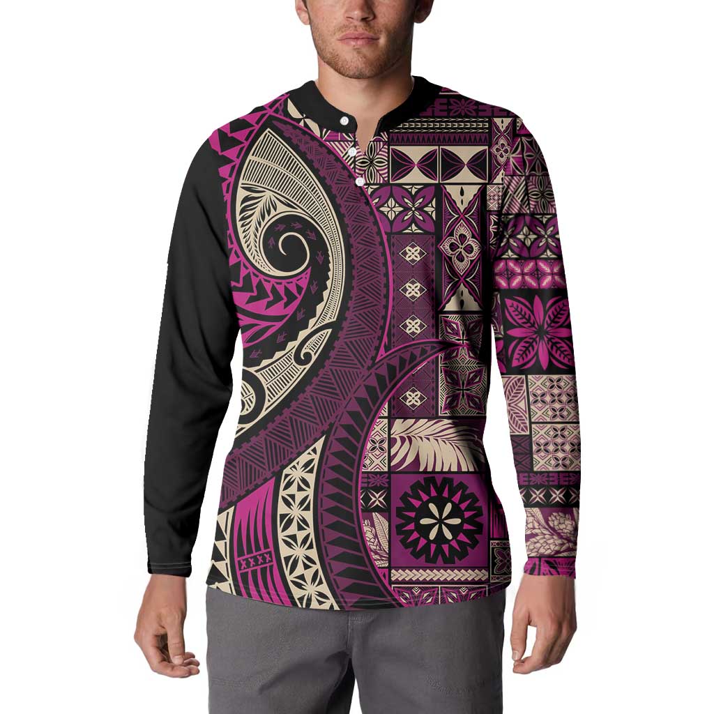Vintage Samoa Siapo Mamanu Button Sweatshirt Pink Samoan Tapa Motif LT9 - Polynesian Pride