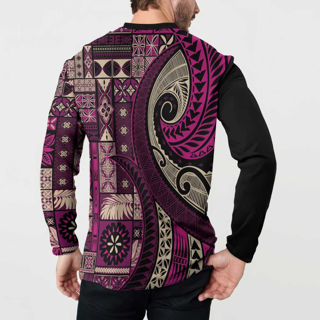 Vintage Samoa Siapo Mamanu Button Sweatshirt Pink Samoan Tapa Motif LT9 - Polynesian Pride