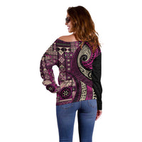Vintage Samoa Siapo Mamanu Off Shoulder Sweater Pink Samoan Tapa Motif LT9 - Polynesian Pride