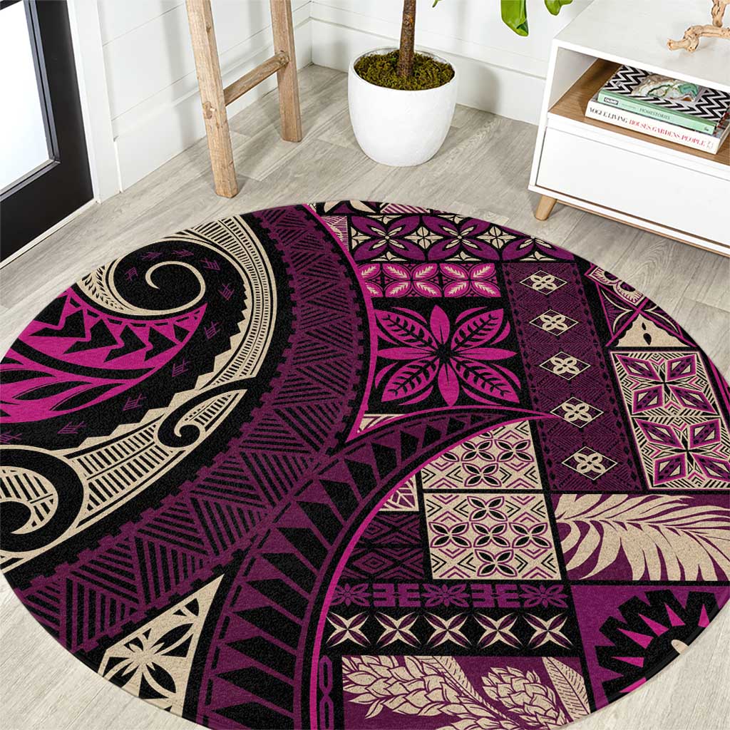 Vintage Samoa Siapo Mamanu Round Carpet Pink Samoan Tapa Motif LT9 Pink - Polynesian Pride