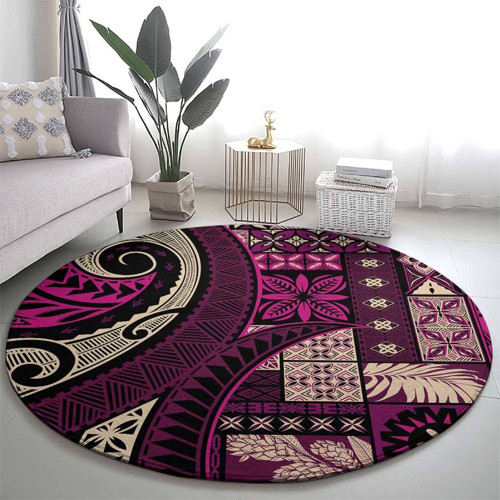 Vintage Samoa Siapo Mamanu Round Carpet Pink Samoan Tapa Motif LT9 - Polynesian Pride