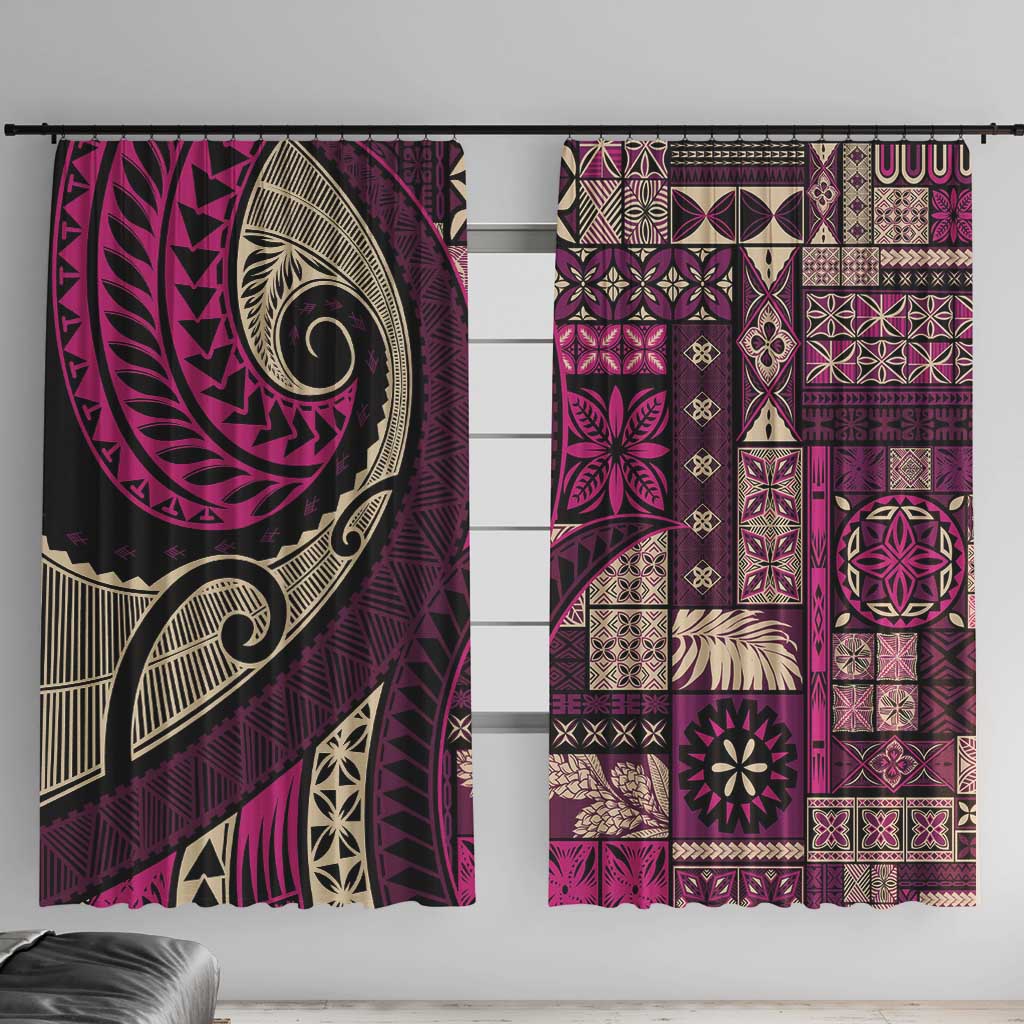 Vintage Samoa Siapo Mamanu Window Curtain Pink Samoan Tapa Motif LT9 With Hooks Pink - Polynesian Pride