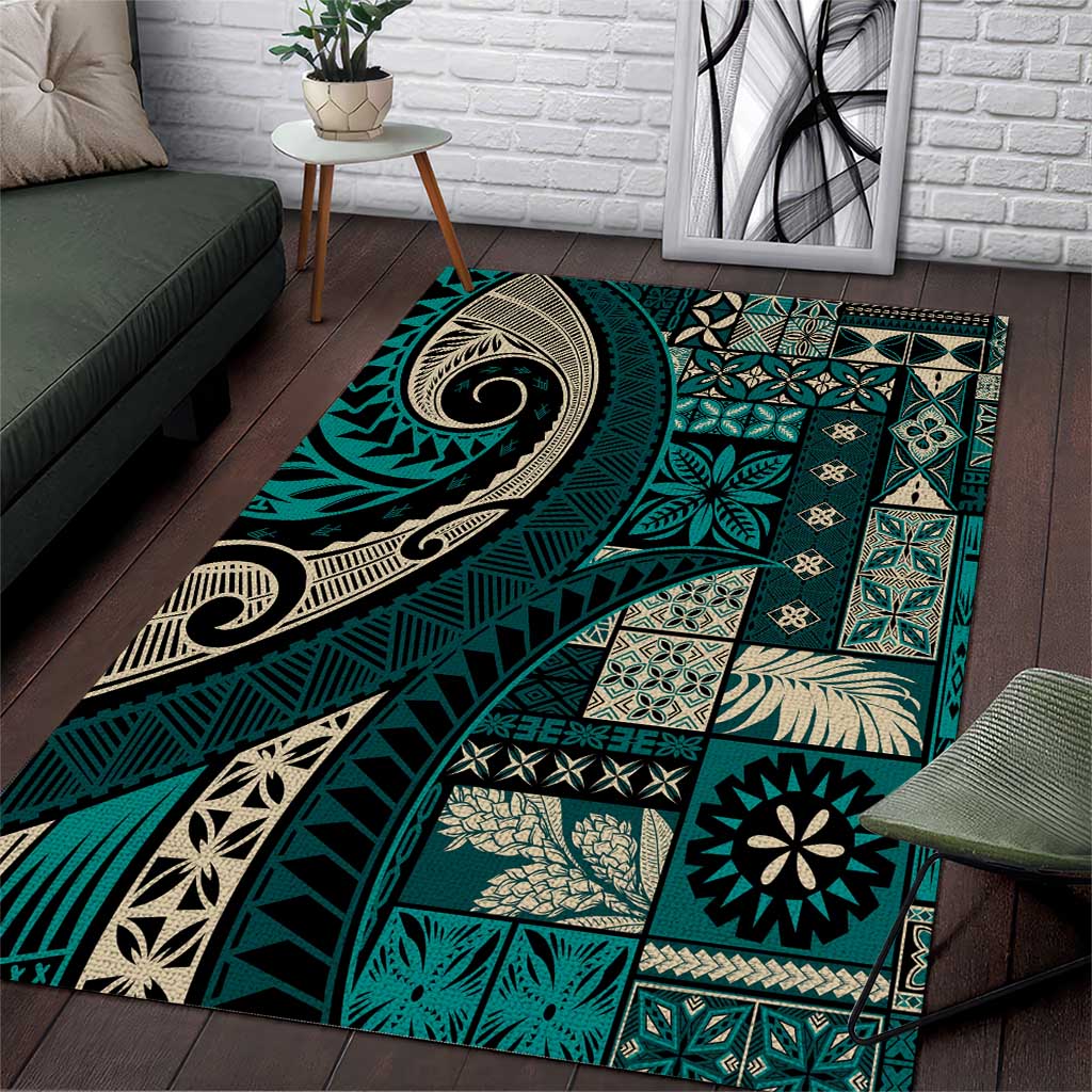 Vintage Samoa Siapo Mamanu Area Rug Teal Samoan Tapa Motif LT9 Teal - Polynesian Pride