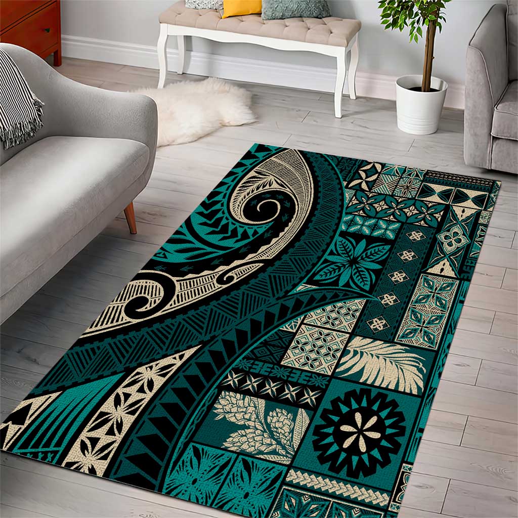 Vintage Samoa Siapo Mamanu Area Rug Teal Samoan Tapa Motif LT9 - Polynesian Pride