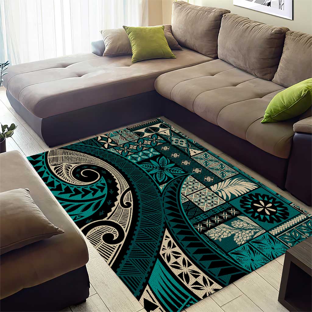 Vintage Samoa Siapo Mamanu Area Rug Teal Samoan Tapa Motif LT9 - Polynesian Pride