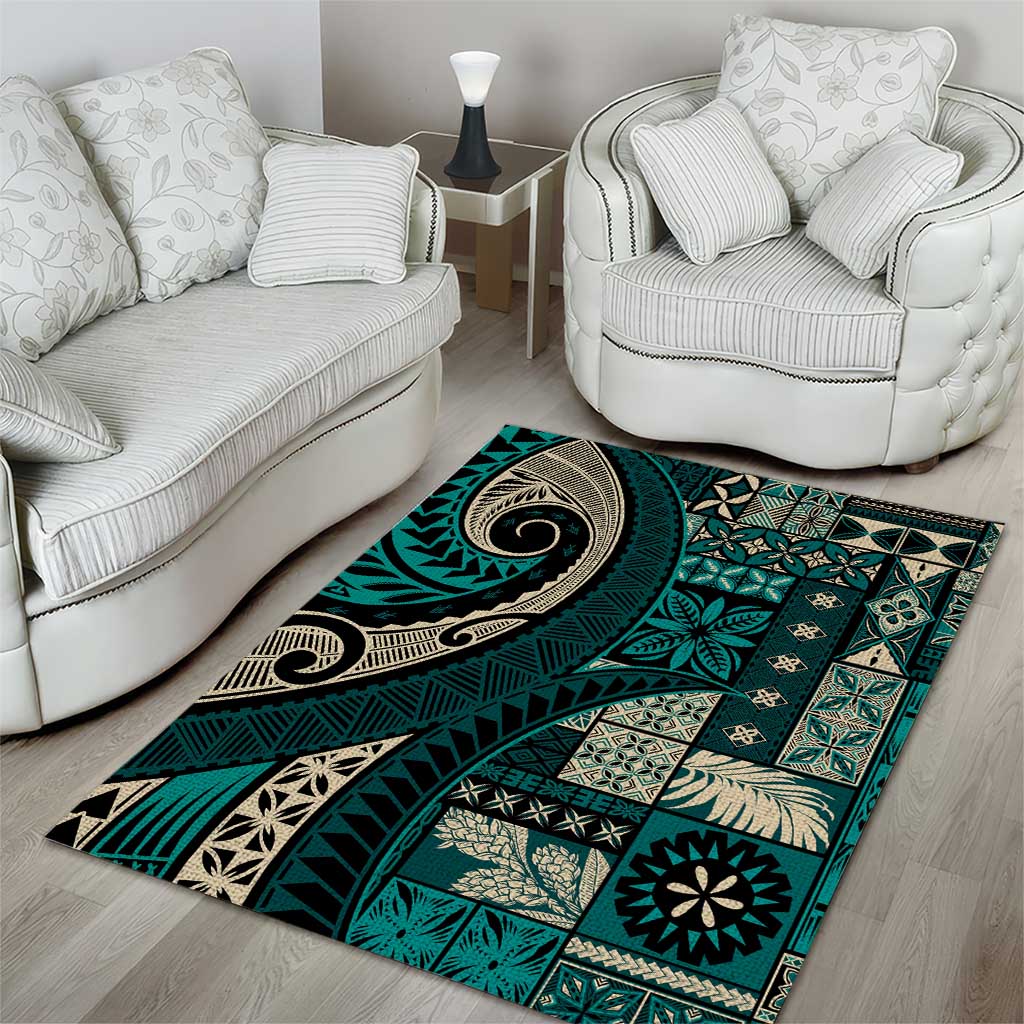 Vintage Samoa Siapo Mamanu Area Rug Teal Samoan Tapa Motif LT9 - Polynesian Pride
