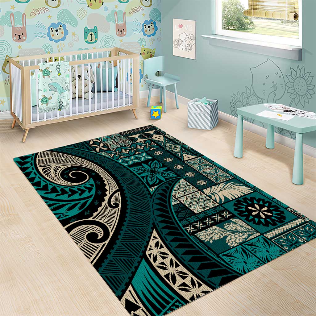 Vintage Samoa Siapo Mamanu Area Rug Teal Samoan Tapa Motif LT9 - Polynesian Pride