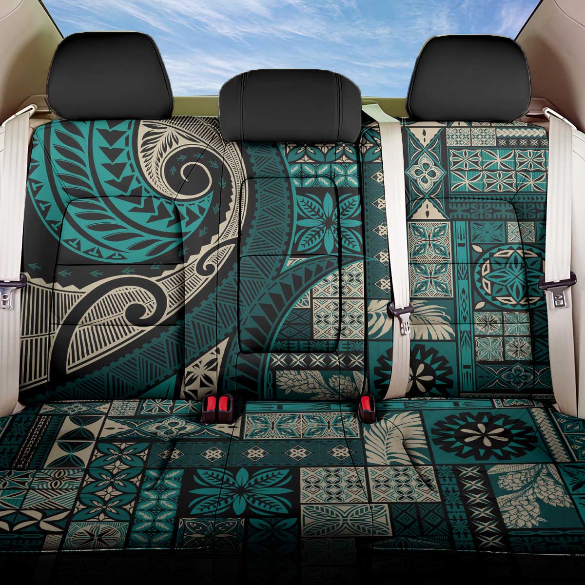 Vintage Samoa Siapo Mamanu Back Car Seat Cover Teal Samoan Tapa Motif LT9 One Size Teal - Polynesian Pride