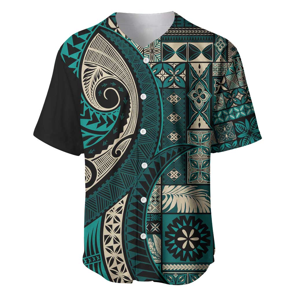 Vintage Samoa Siapo Mamanu Baseball Jersey Teal Samoan Tapa Motif LT9 Teal - Polynesian Pride