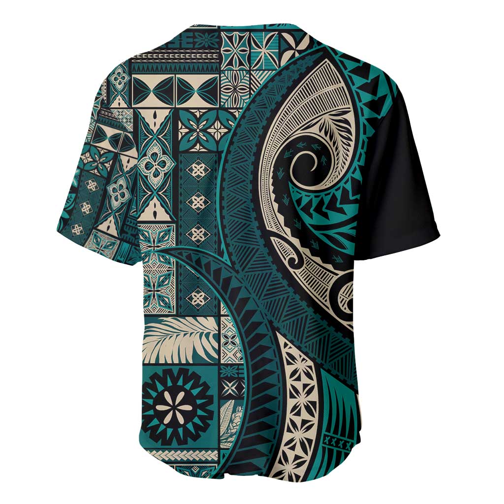 Vintage Samoa Siapo Mamanu Baseball Jersey Teal Samoan Tapa Motif LT9 - Polynesian Pride