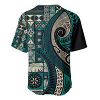 Vintage Samoa Siapo Mamanu Baseball Jersey Teal Samoan Tapa Motif LT9 - Polynesian Pride