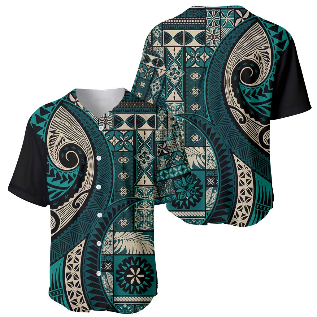 Vintage Samoa Siapo Mamanu Baseball Jersey Teal Samoan Tapa Motif LT9 - Polynesian Pride