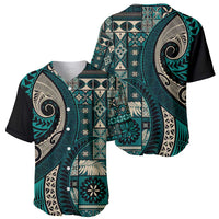Vintage Samoa Siapo Mamanu Baseball Jersey Teal Samoan Tapa Motif LT9 - Polynesian Pride