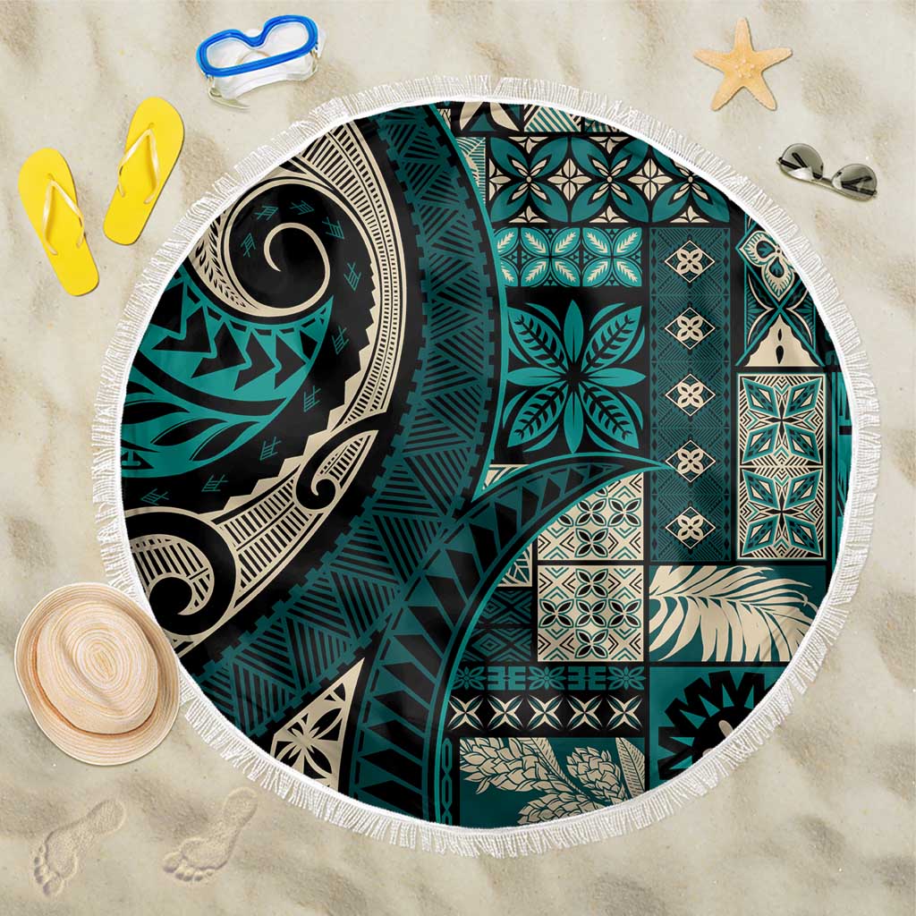 Vintage Samoa Siapo Mamanu Beach Blanket Teal Samoan Tapa Motif LT9 One Size 150cm Teal - Polynesian Pride